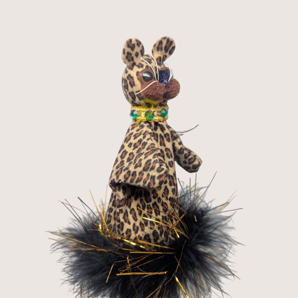 1970s Handmade Felt Leopard Stick Puppet Vintage Folk Art